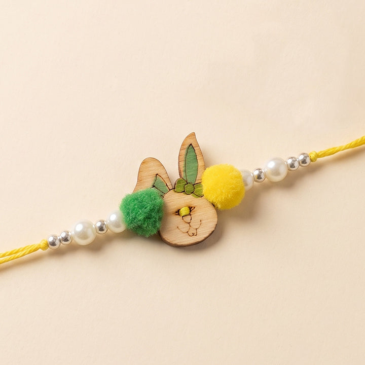 Fluffy Bunny Handcrafted Wooden Kids Rakhi With Roli Chawal For Brother