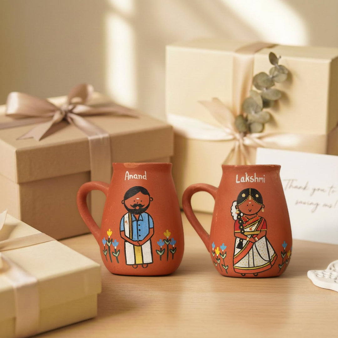 2 Pc | South Indian Couple Personalized Handpainted Terracotta Mug | 450 ml