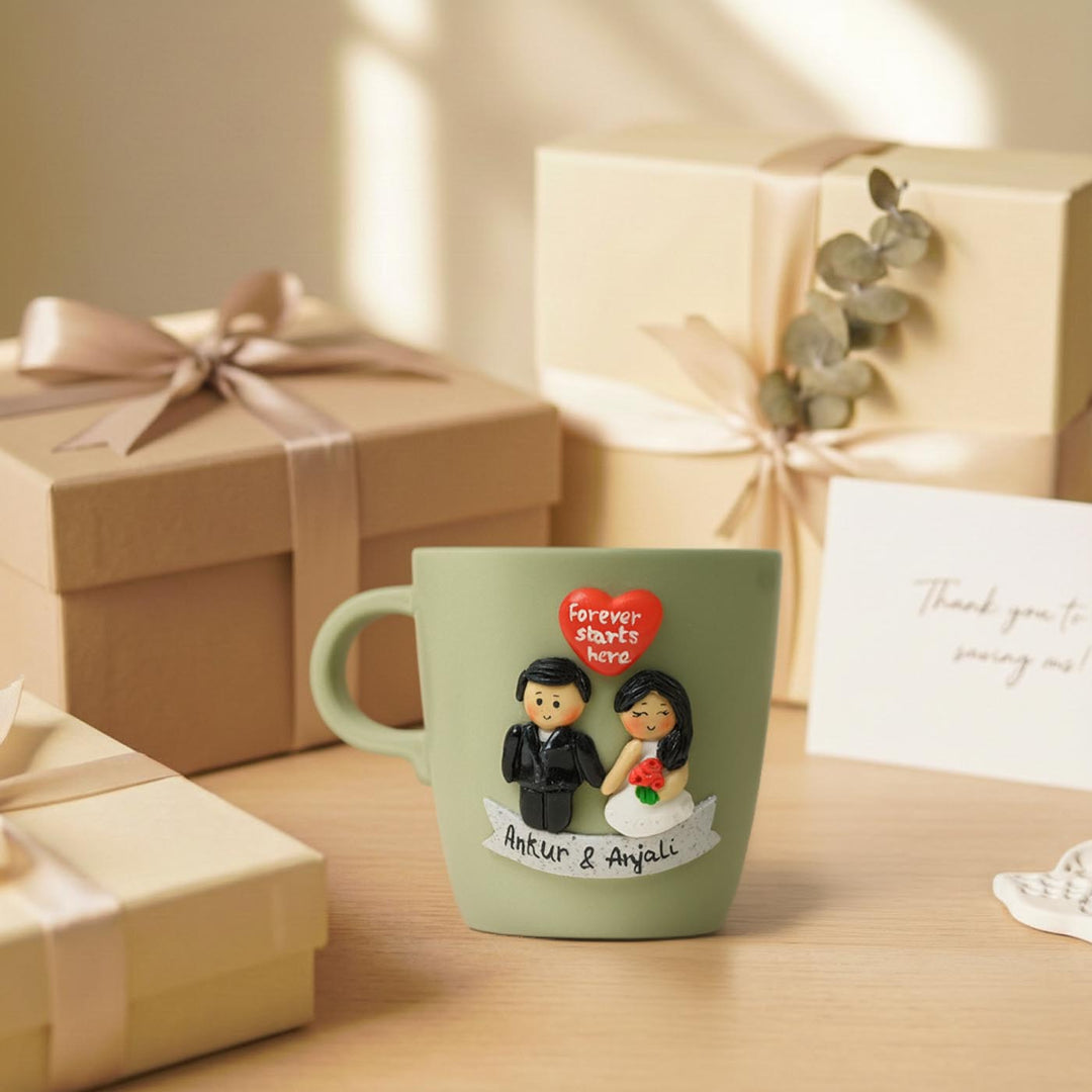 Christian Wedding Couple | Handmade Personalized Ceramic Mug With 3D Polymer Clay Caricature Art | 400 ml