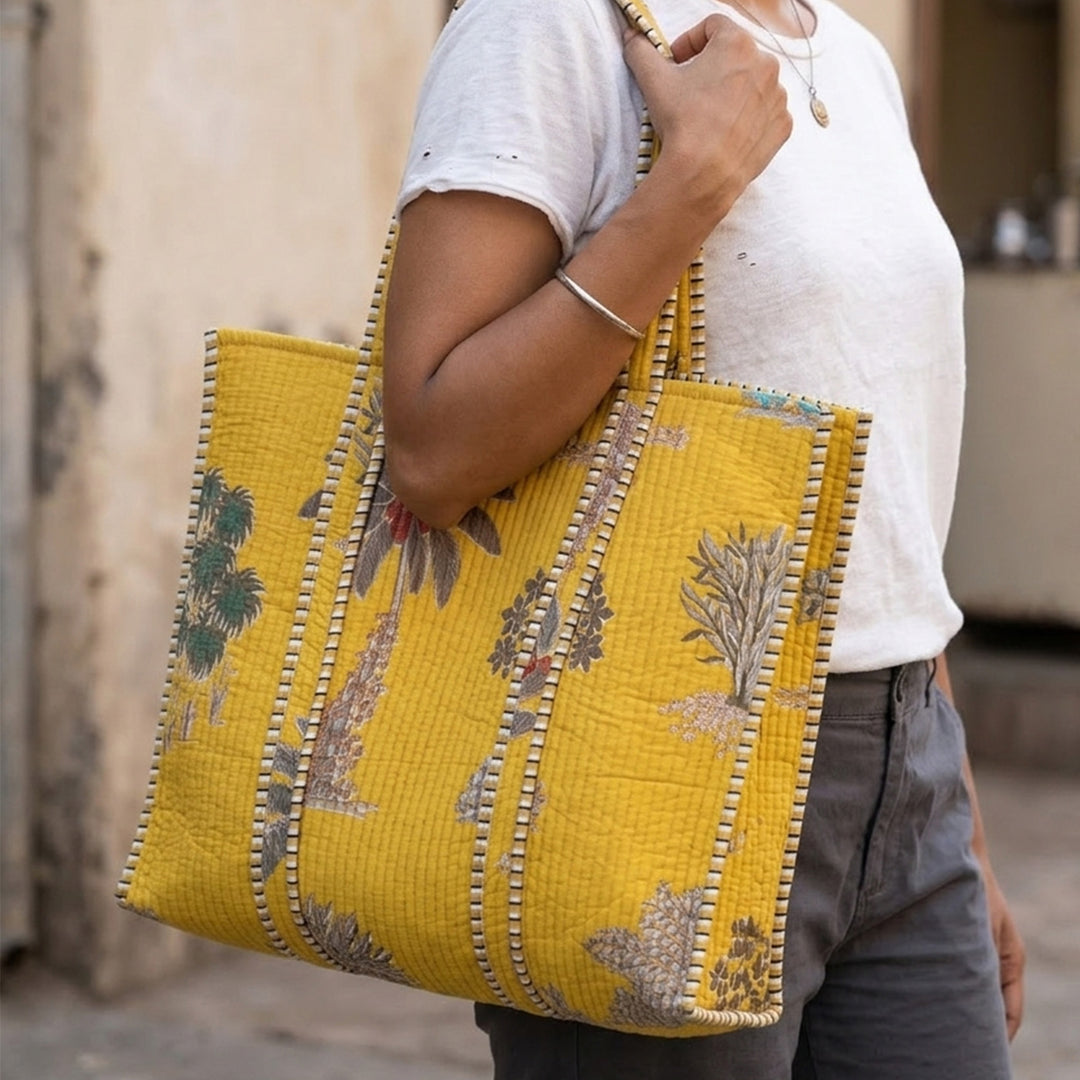 Handmade Yellow Palm Cotton Tote Bag