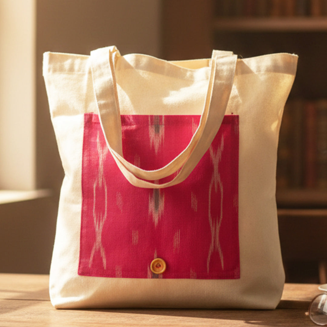 Handcrafted Foldable Pink Ikat Cotton Tote Bag