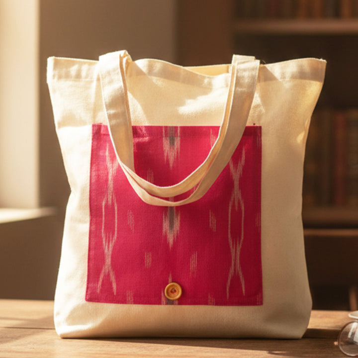 Handcrafted Foldable Pink Ikat Cotton Tote Bag