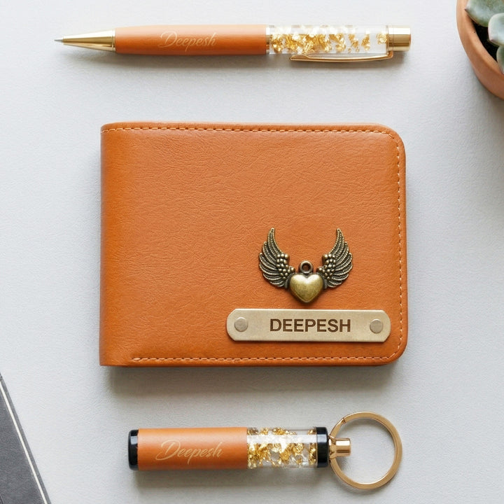 3 Pc | Personalized Faux Leather Gift Set For Men | Includes 1 Wallet, 1 Pen, 1 Keychain
