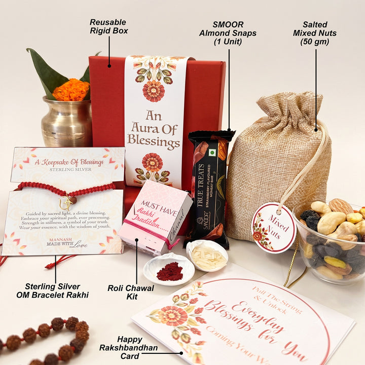 Aura Of Blessings Om With Rudraksh Gold Plated Sterling Silver Charm Rakhi Hamper With Chocolates, Nuts & Roli Chawal For Brother