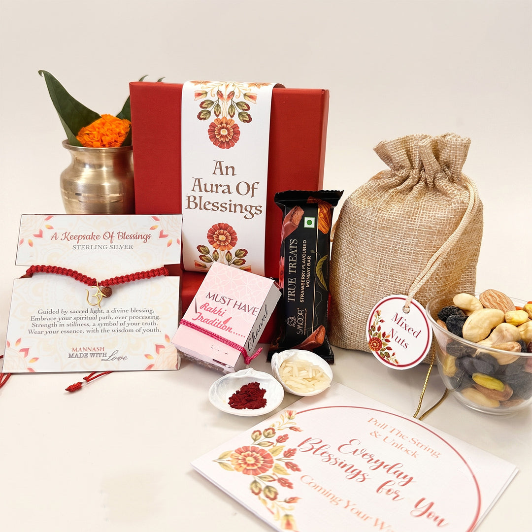 Aura Of Blessings Om With Rudraksh Gold Plated Sterling Silver Charm Rakhi Hamper With Chocolates, Nuts & Roli Chawal For Brother
