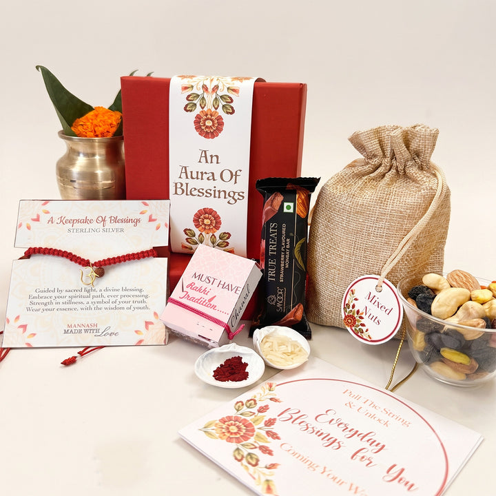 Aura Of Blessings Om With Rudraksh Gold Plated Sterling Silver Charm Rakhi Hamper With Chocolates, Nuts & Roli Chawal For Brother