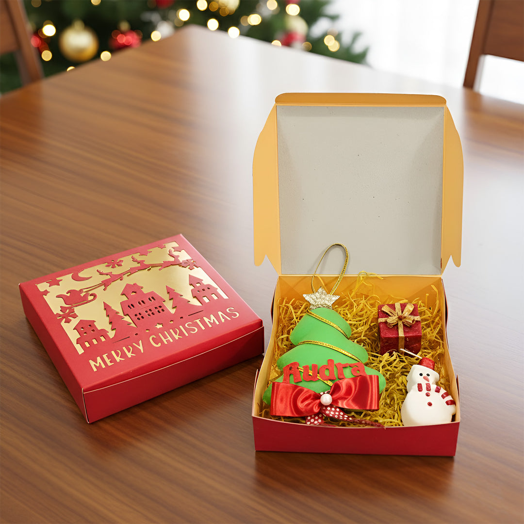 Personalized Christmas Gift Hamper | Includes 1 Ornament, 1 Gift Box Candle, 1 Snowman Candle
