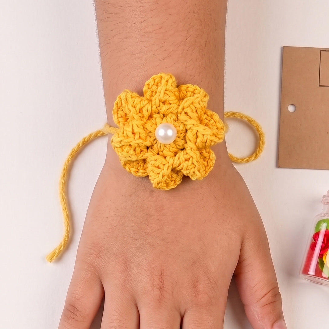 Handmade Crochet Daisy Knot Floral Rakhi With Roli Chawal For Bhaiya