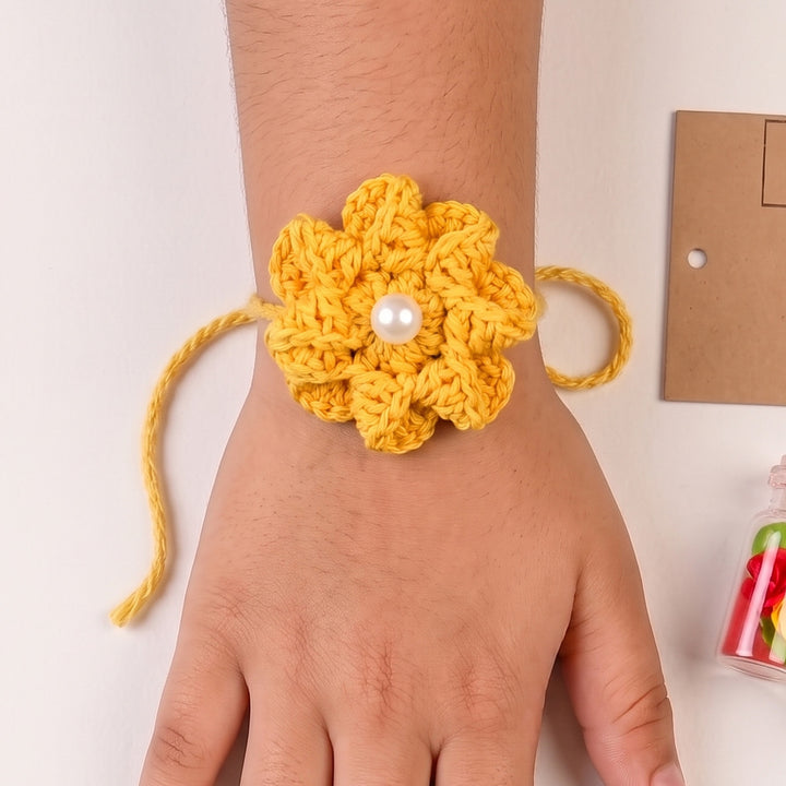 Handmade Crochet Daisy Knot Floral Rakhi With Roli Chawal For Bhaiya