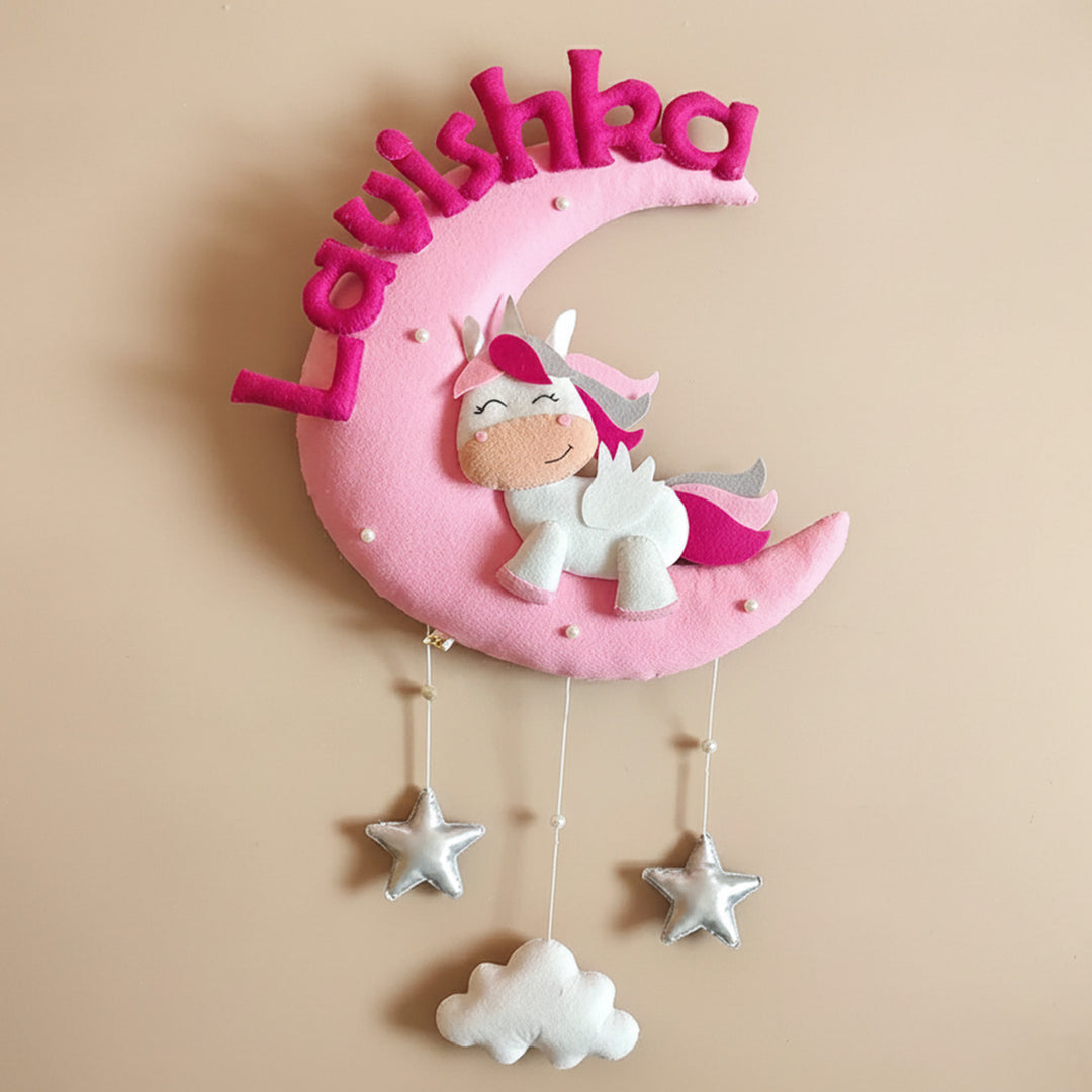 Hand-stitched Cute Unicorn Themed Moon Felt Nameplate