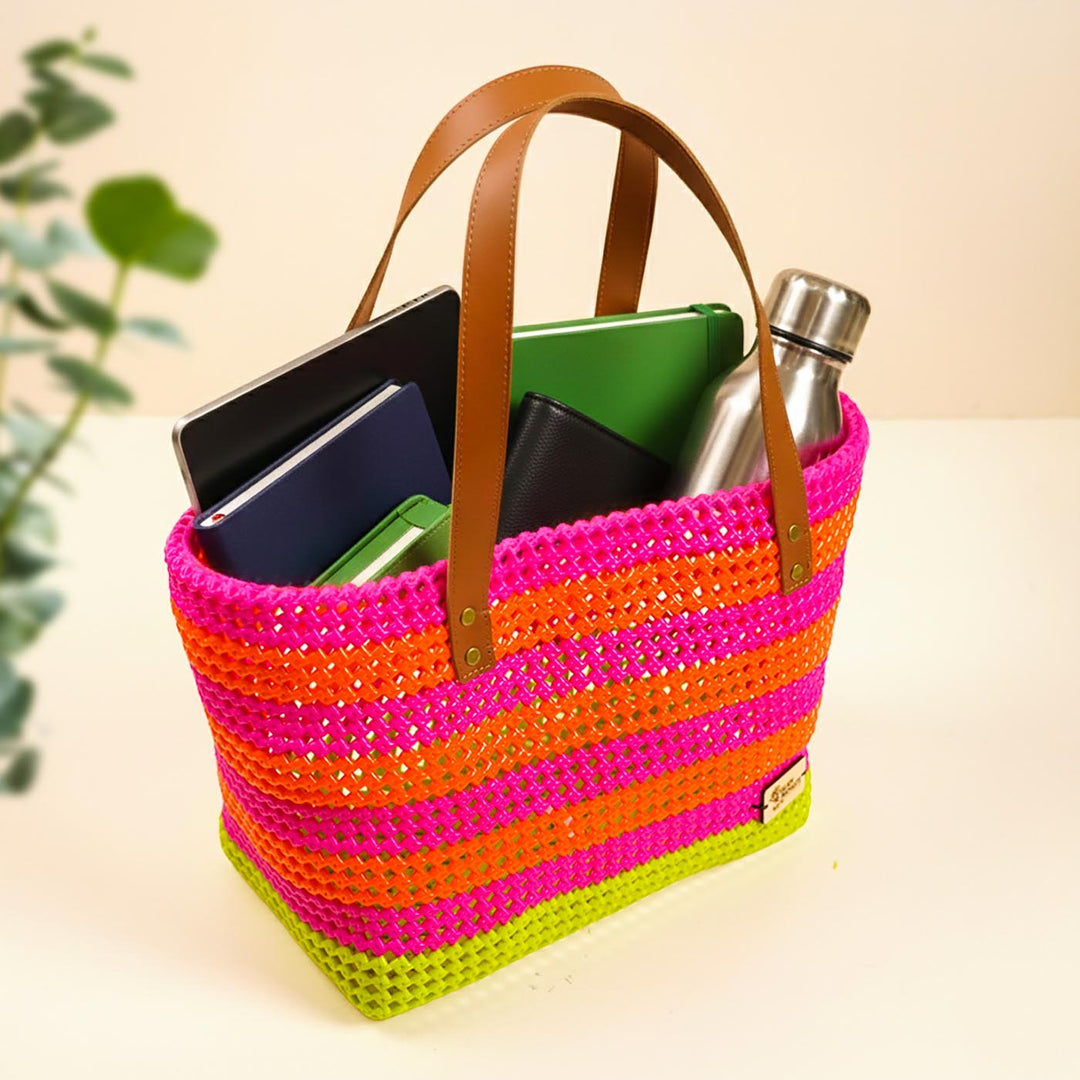 Pink With Green Bottom Mukhya Knot Handmade Koodai Beach Bag