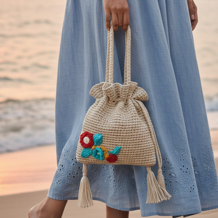 Handmade Crochet White Floral Potli