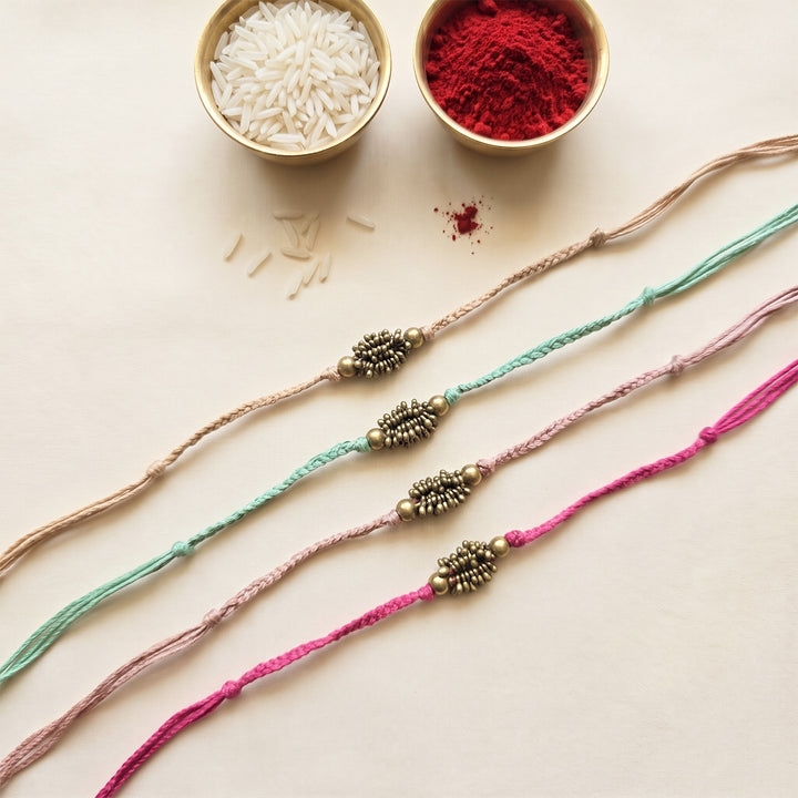 Beaded Antara Brass Beads Pastel Rakhi With Roli Chawal For Brother | Set of 4