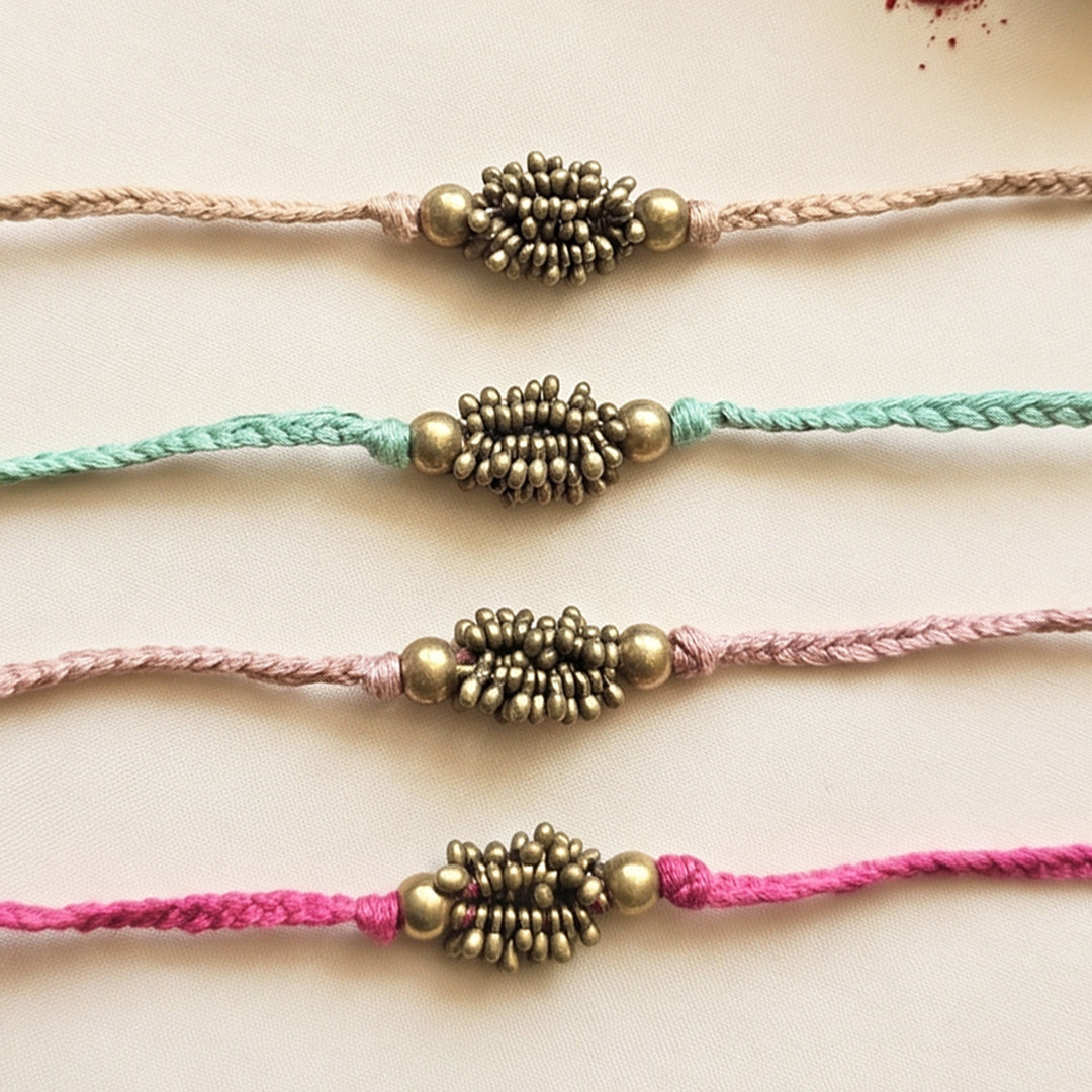 Beaded Antara Brass Beads Pastel Rakhi With Roli Chawal For Brother | Set of 4