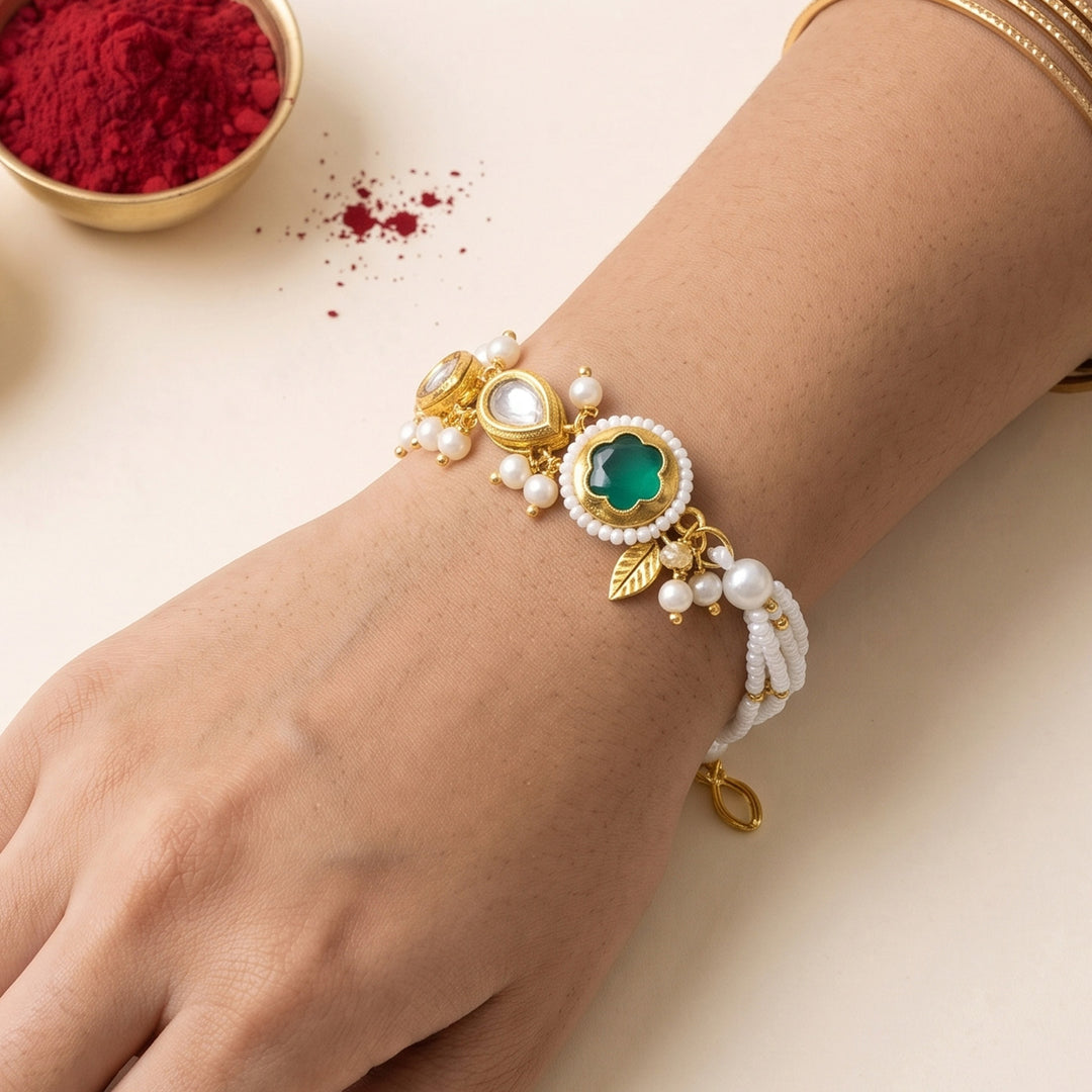 Reusable Emerald Pearl Bracelet Rakhi With Roli Chawal For Sister/Bhabhi