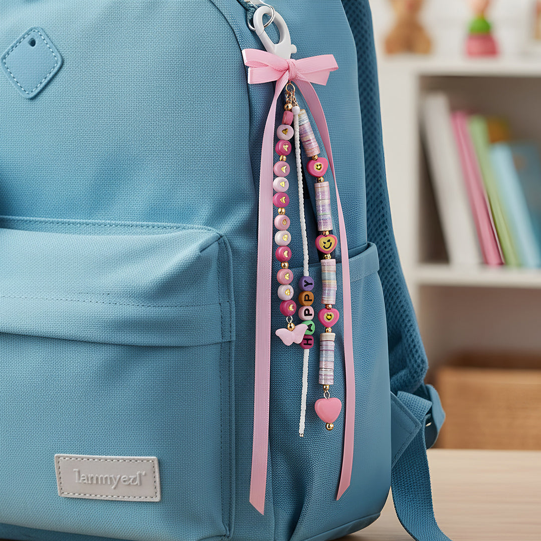 Personalized Beaded Pink Hearts & Ribbon Bow Bag Charm For Kids