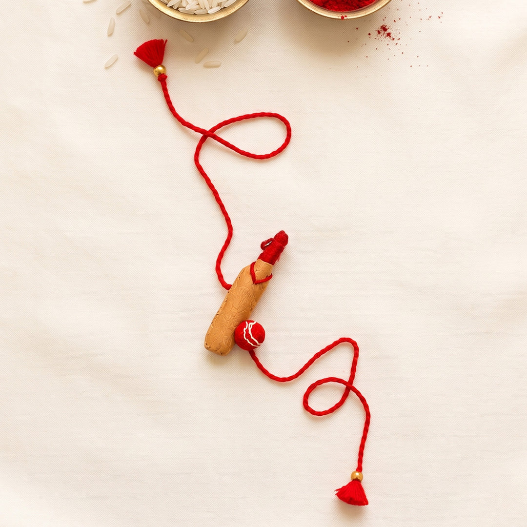 Hand Embroidered Bat And Ball Rakhi With Keychain For Brother
