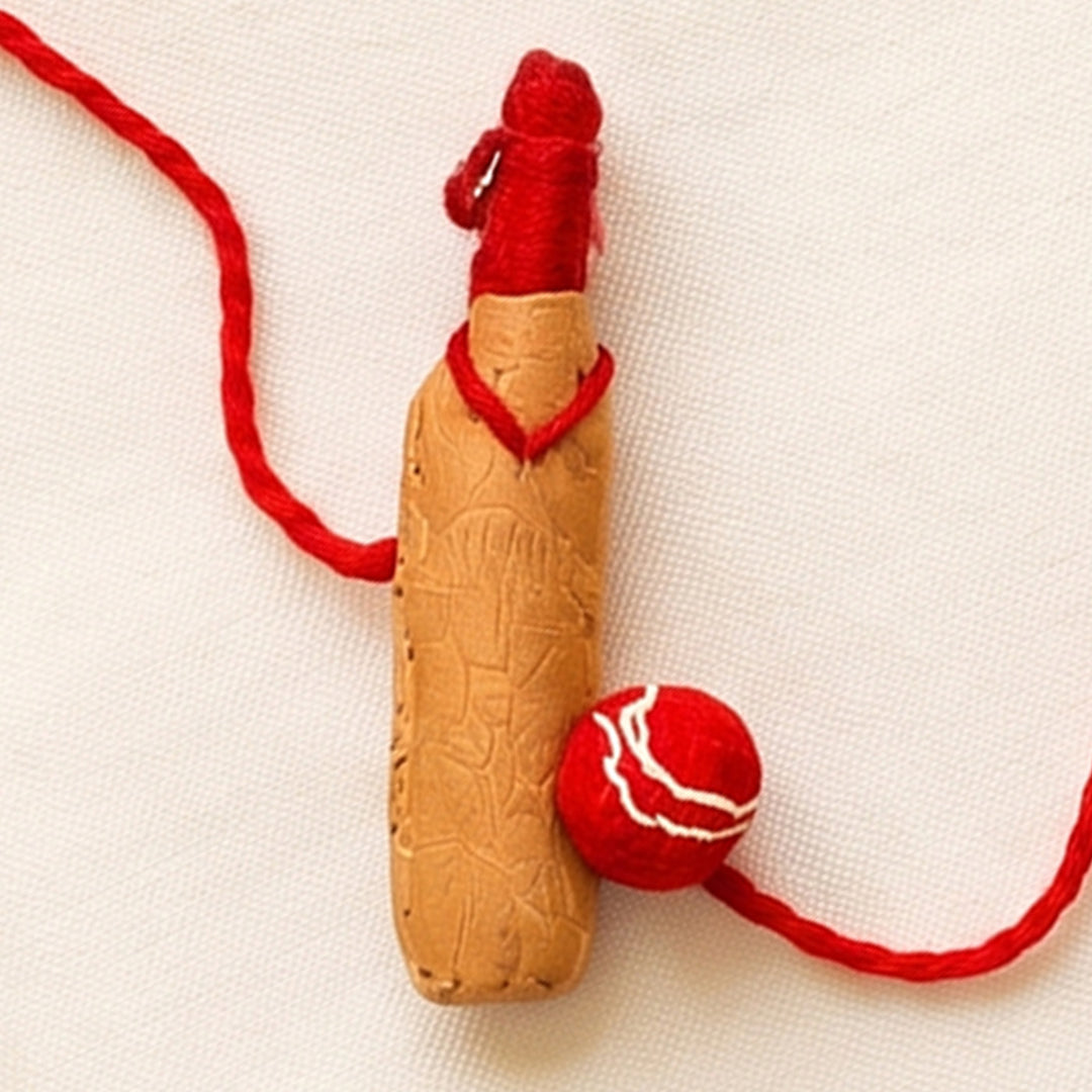 Hand Embroidered Bat And Ball Rakhi With Keychain For Brother