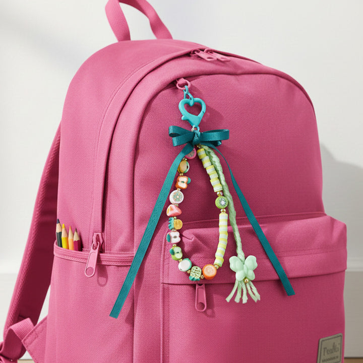 Green Fimo Beads & Ribbon Bow Bag Charm For Kids