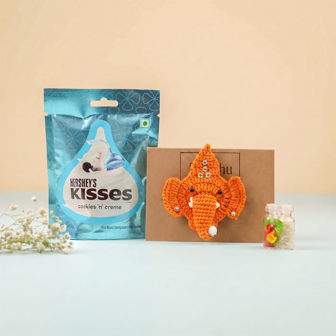 Handmade Crochet Ganpati Bappa Theme Rakhi With Roli Chawal for Kids