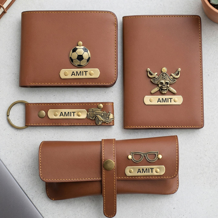 4 Pc | Personalized Faux Leather Gift Set For Men | Includes 1 Wallet, 1 Keychain, 1 Passport Cover, 1 Eyeware Case