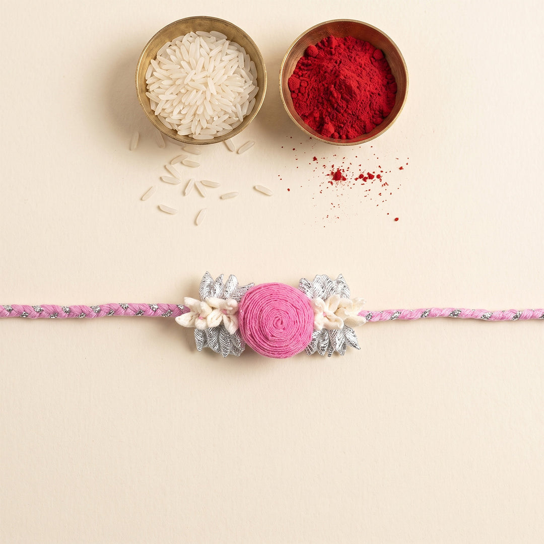 Handmade Rose & Mogra Bud Silk Rakhi For Brother With Roli Chawal