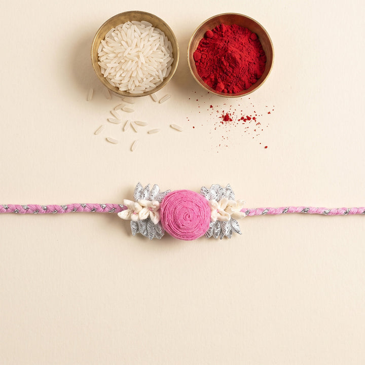 Handmade Rose & Mogra Bud Silk Rakhi For Brother With Roli Chawal