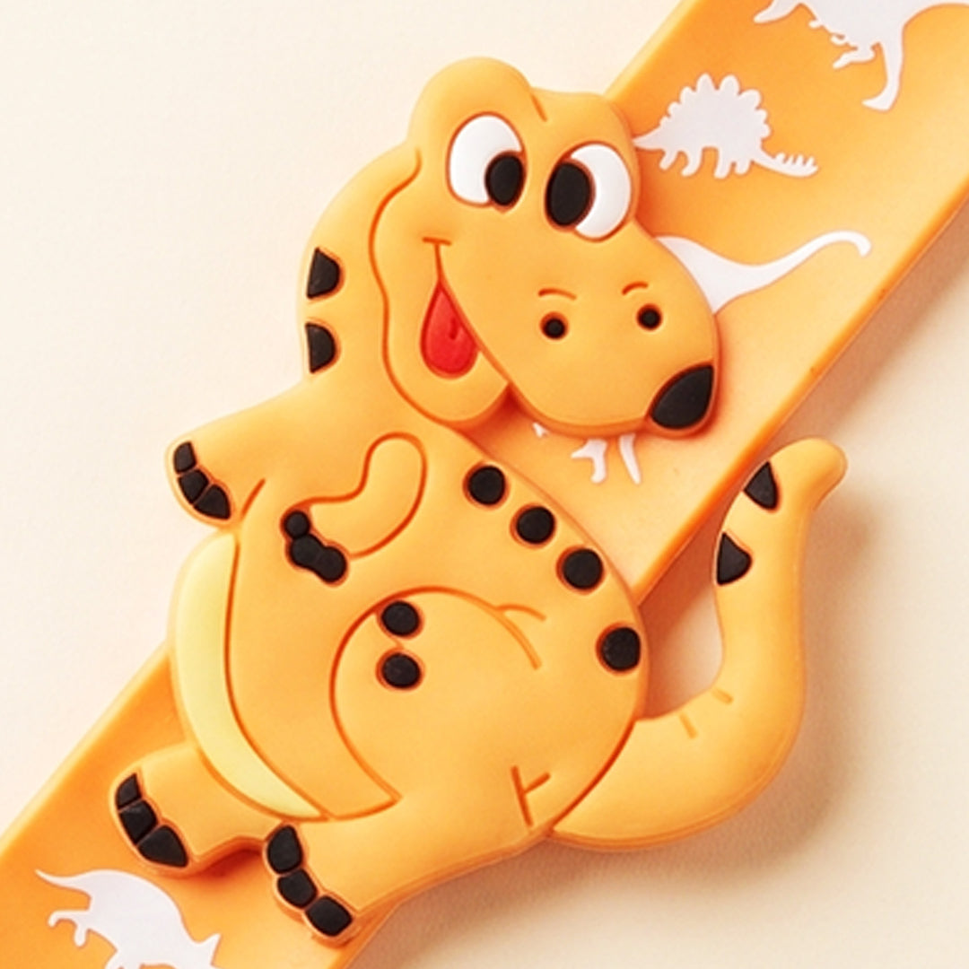 Handmade Orange Dinosaur Silicone Slap Band Rakhi For Kids With Roli Chawal For Brother