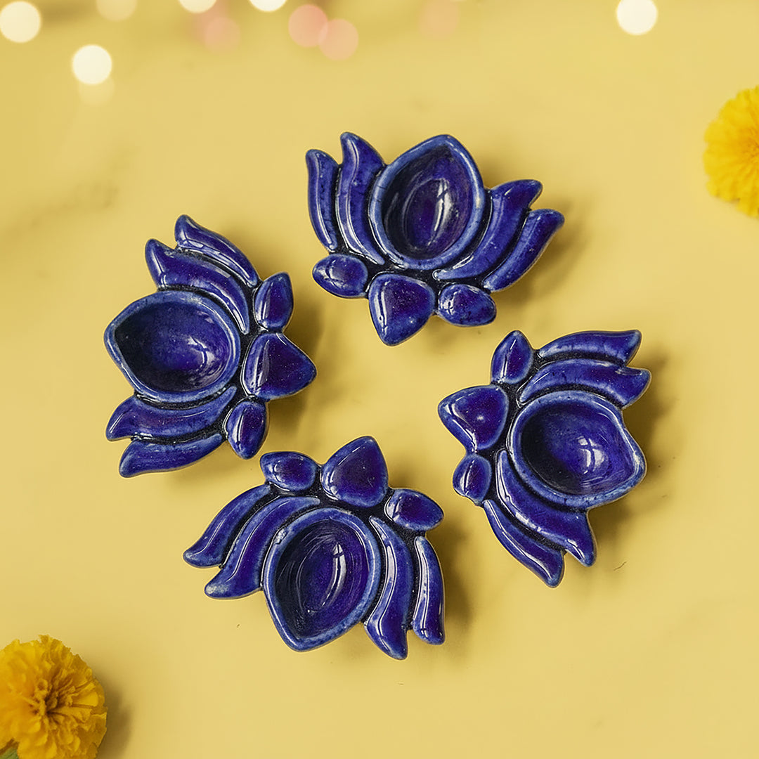 Set Of 4 | Handmade Orange Lotus Design Ceramic Oil Lamp / Diya