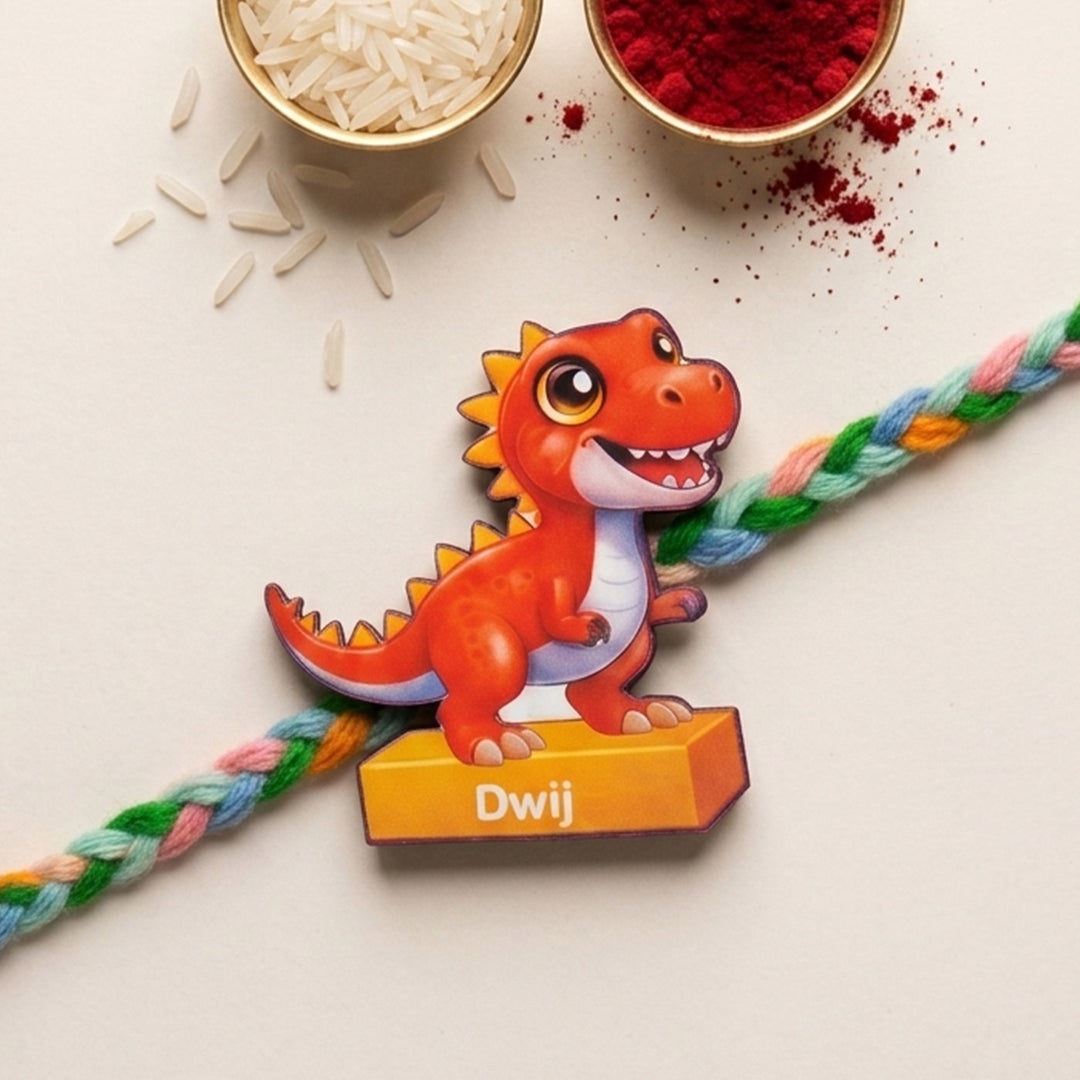Personalized Reusable T-Rex Dino MDF Wood Rakhi With Roli Chawal