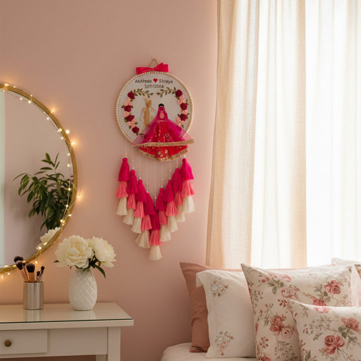 Personalized Embroidered Pink Floral Wedding Plaque With Tassels