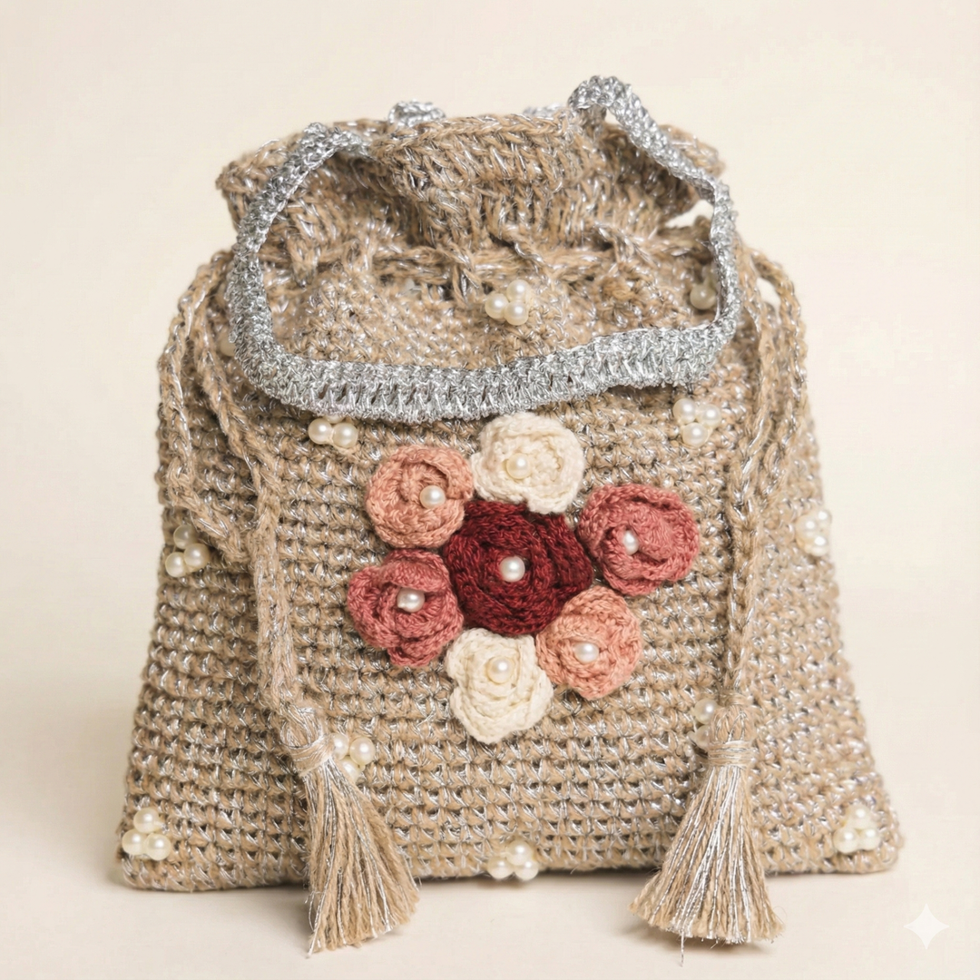 Handmade Crochet Pearl Blossom Potli
