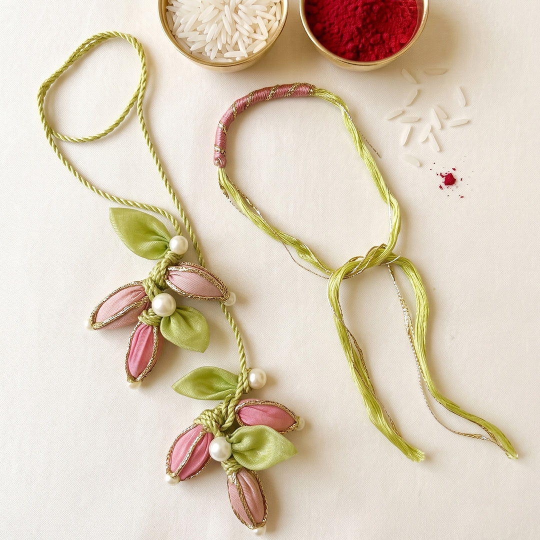 Handmade Lotus Kamal Kali Couple Rakhi Lumba Set With Roli Chawal For Bhaiya Bhabhi