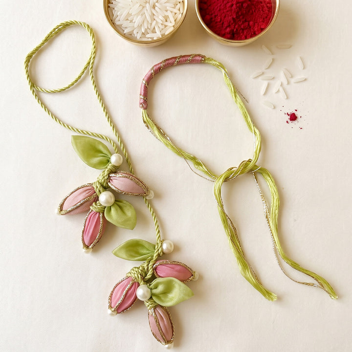 Handmade Lotus Kamal Kali Couple Rakhi Lumba Set With Roli Chawal For Bhaiya Bhabhi