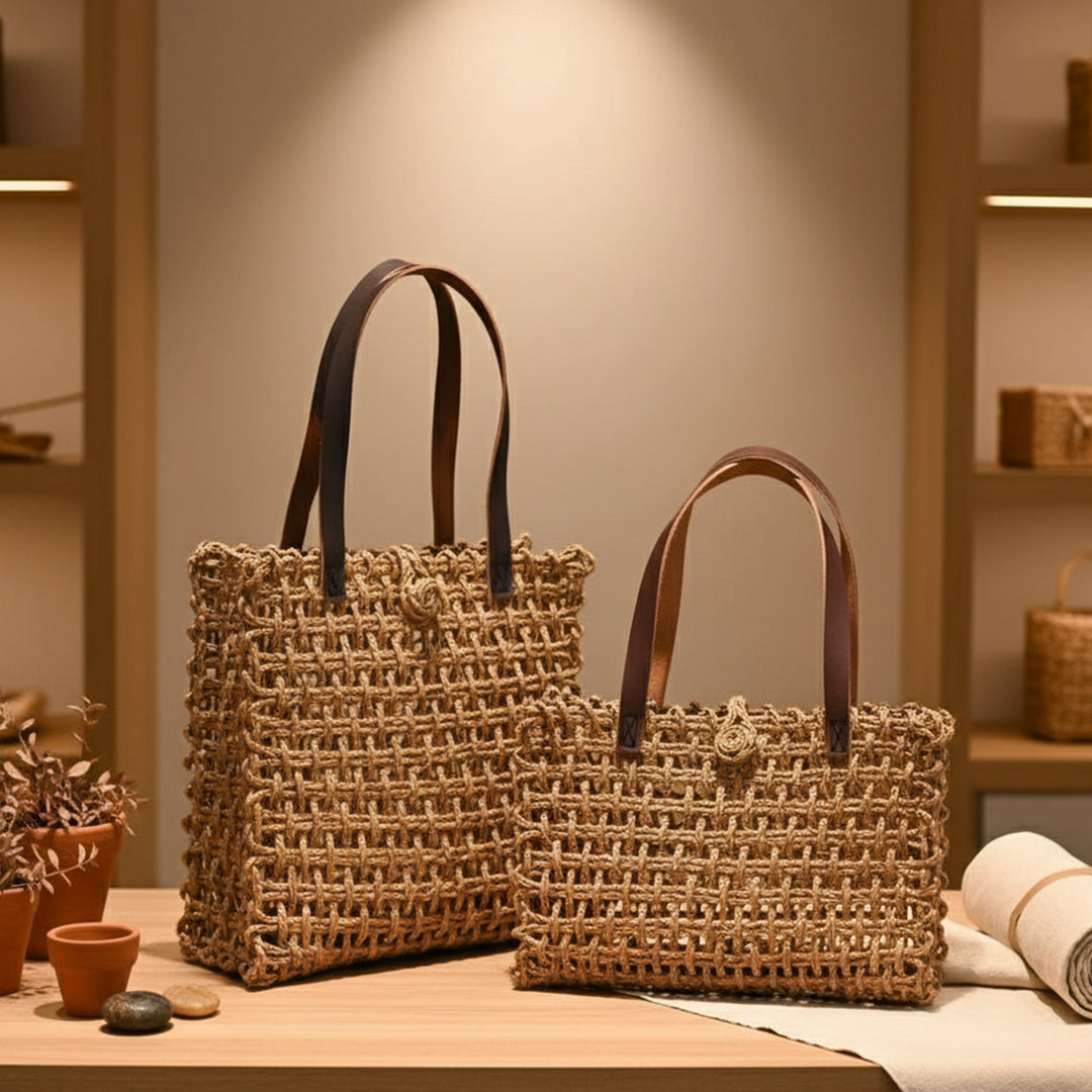 Handmade Grass Woven Leather Strap Box Shaped Golden Sabai Mesh Tote Bag