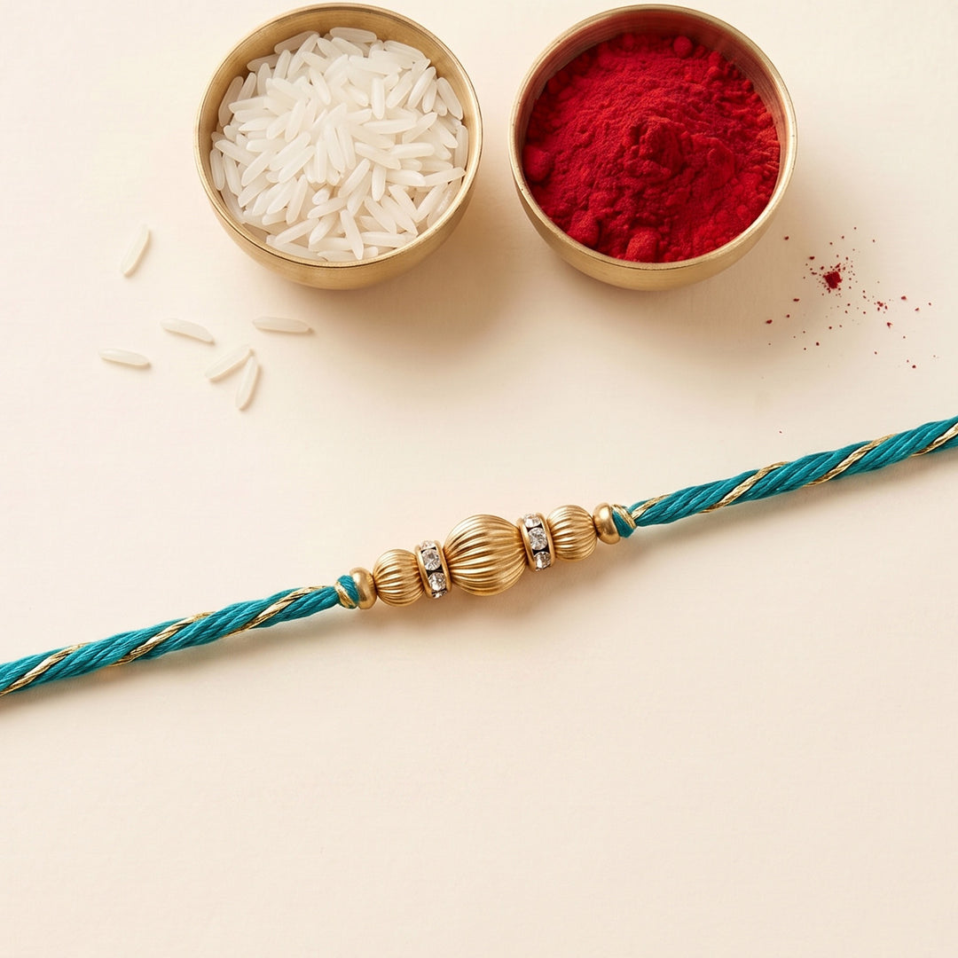 Handmade Dabka Beaded and Thread Golden Rakhi With Roli Chawal For Bhaiya