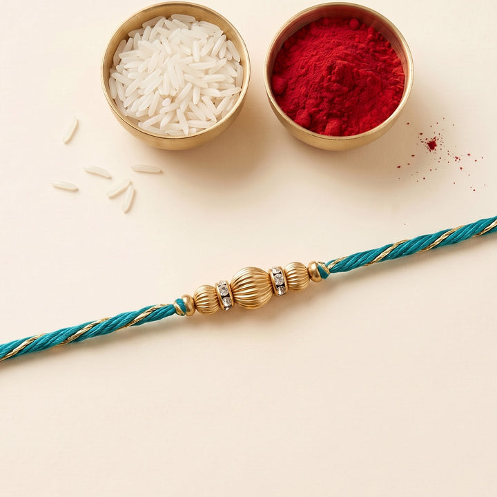 Handmade Dabka Beaded and Thread Golden Rakhi With Roli Chawal For Bhaiya