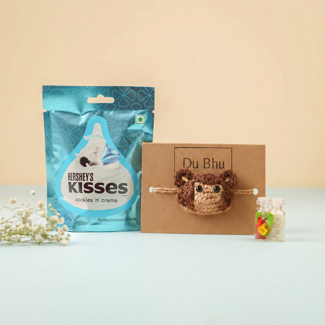 Handmade Crochet Little Monkey Theme Rakhi With Roli Chawal for Kids