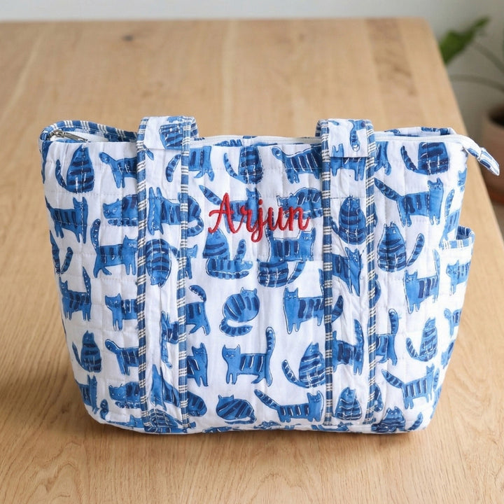Personalized Blue Cats Diaper Bag With Stroller Straps