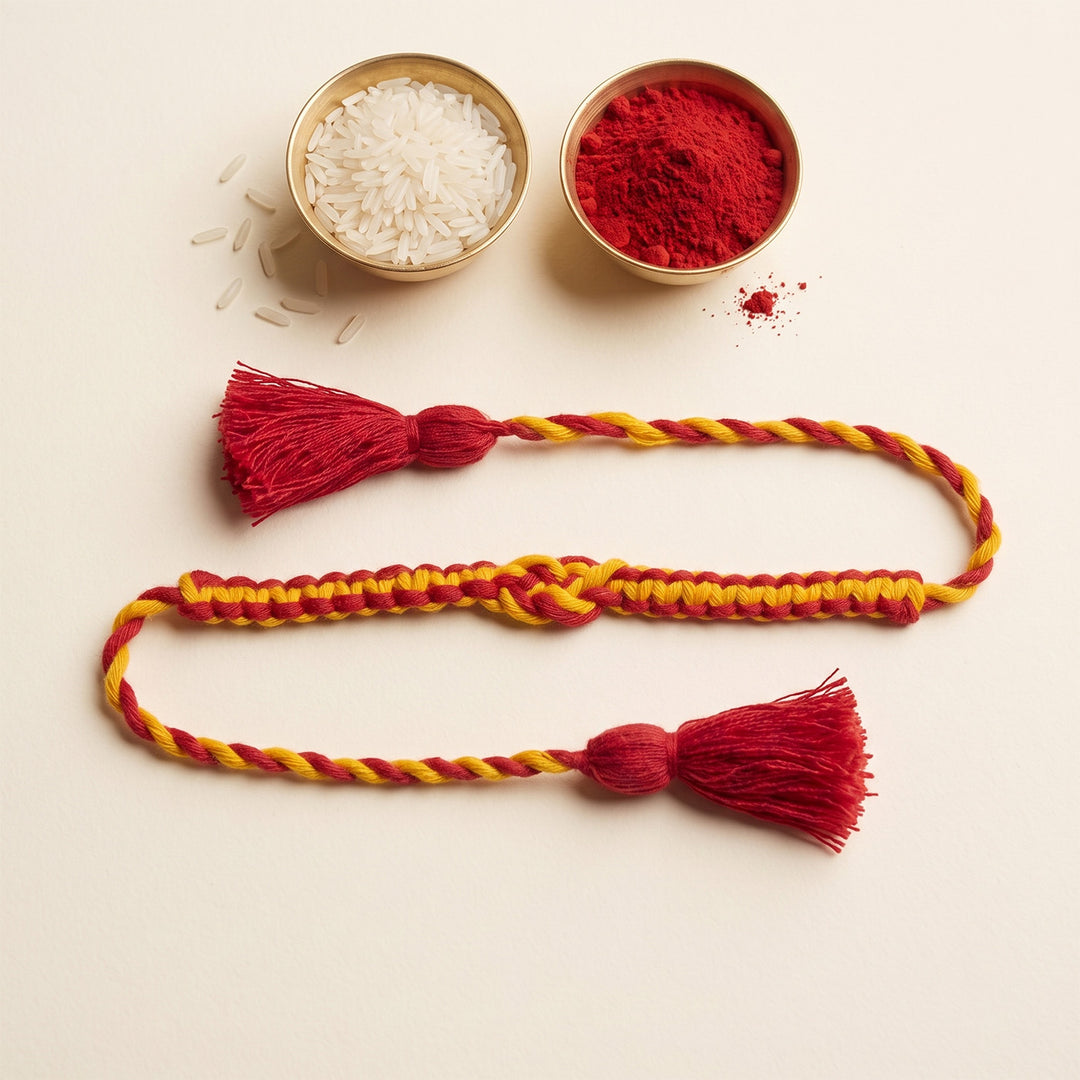 Plantable Anant Sutra Rakhi With Tulsi Seed Mud Ball, Roli-Chawal & Greeting Card For Brother
