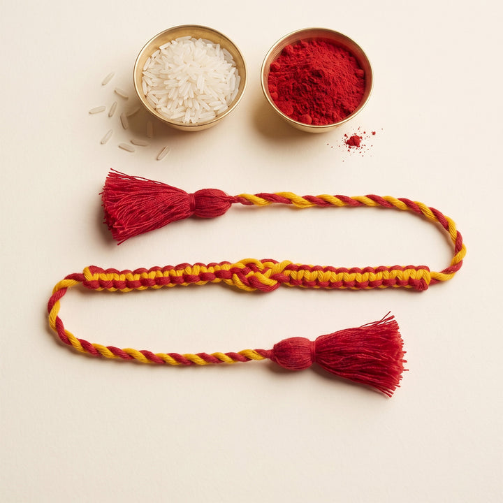Plantable Anant Sutra Rakhi With Tulsi Seed Mud Ball, Roli-Chawal & Greeting Card For Brother