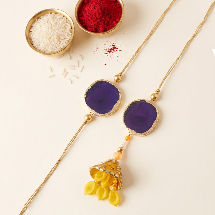Handmade Purple Premium Agate Bhaiya Bhabhi Couple Rakhi And Lumba Set With Roli Chawal, Nariyal And Gift Box | Set of 2