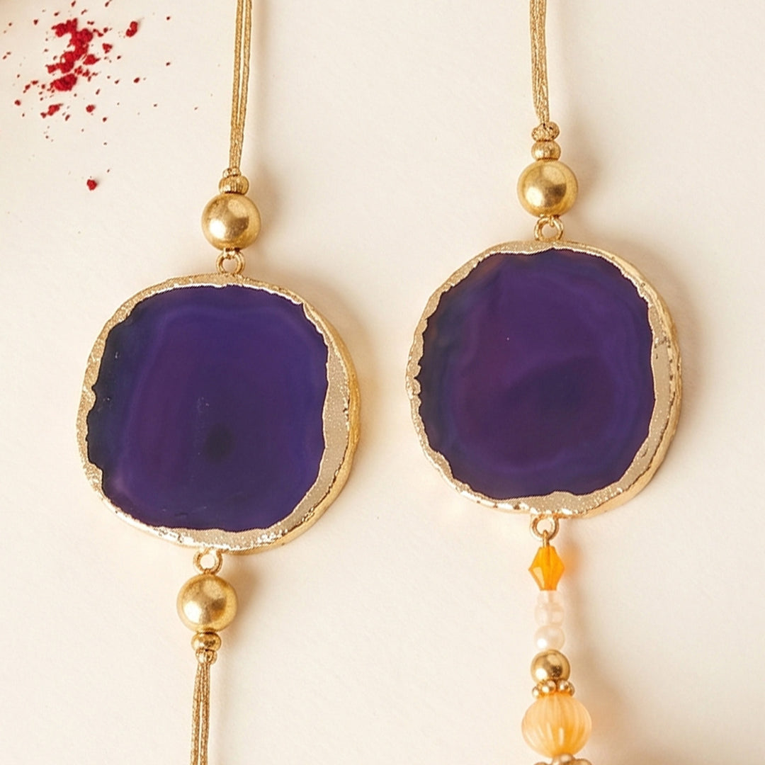 Handmade Purple Premium Agate Bhaiya Bhabhi Couple Rakhi And Lumba Set With Roli Chawal, Nariyal And Gift Box | Set of 2