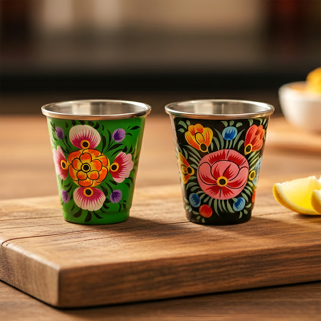 2Pc | Hand-Painted Black & Green Floral Kashmiri Art Stainless Steel Shot Glasses