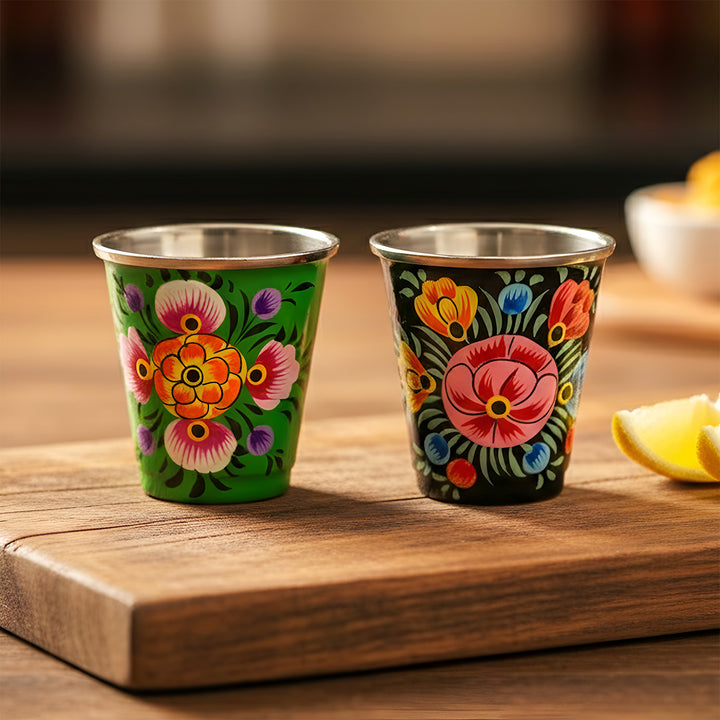 2Pc | Hand-Painted Black & Green Floral Kashmiri Art Stainless Steel Shot Glasses