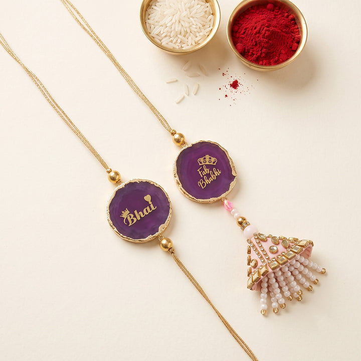 Handmade "Bhai Bhabhi" Pink Premium Agate Couple Rakhi And Lumba Set With Roli Chawal, Nariyal And Gift Box | Set of 2