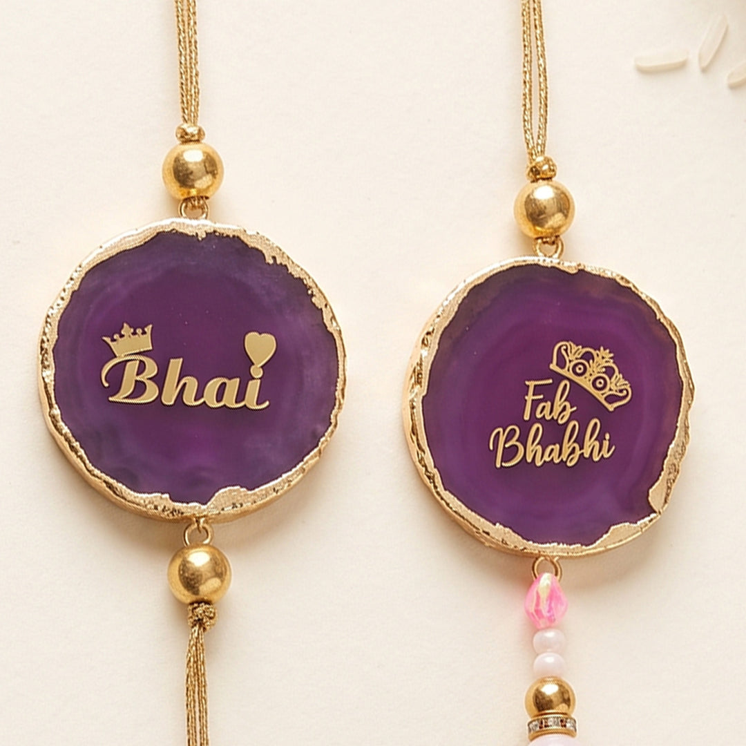 Handmade "Bhai Bhabhi" Pink Premium Agate Couple Rakhi And Lumba Set With Roli Chawal, Nariyal And Gift Box | Set of 2