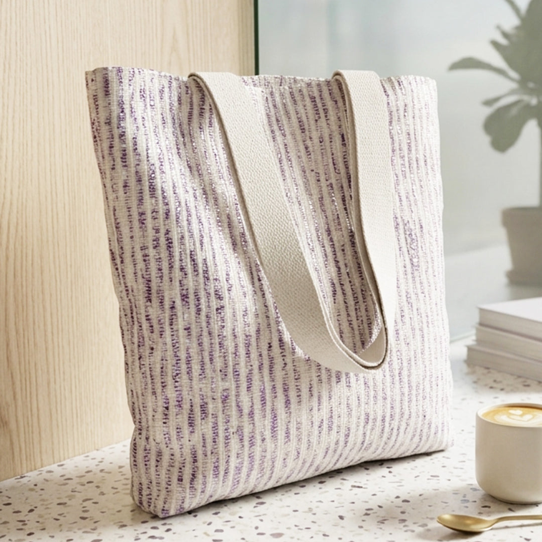 Purple and White Striped Upcycled Plastic Handcrafted Classic Tote Bag For Everyday Use