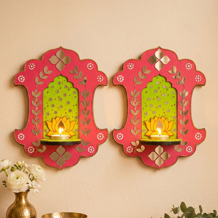 Set of 2 | Lotus Inspired Jharokha MDF Wall Hanging Tealight Holders For Festive Decor