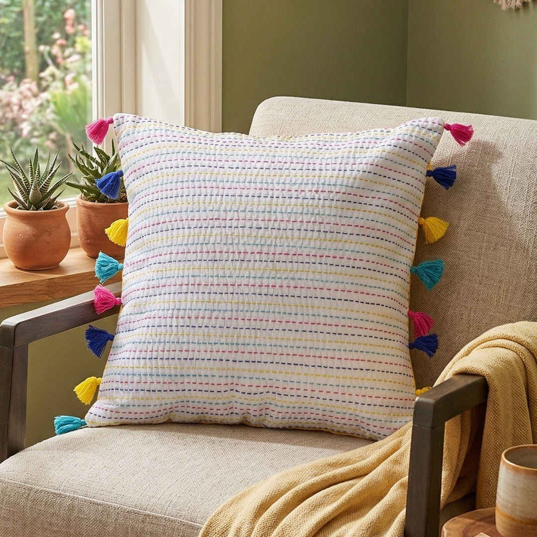 Multicolor Kantha Cotton Cushion Cover With Tassel